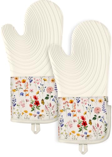 Long Silicone Oven Mitts 2 Pcs Cotton Oven Gloves Q37019