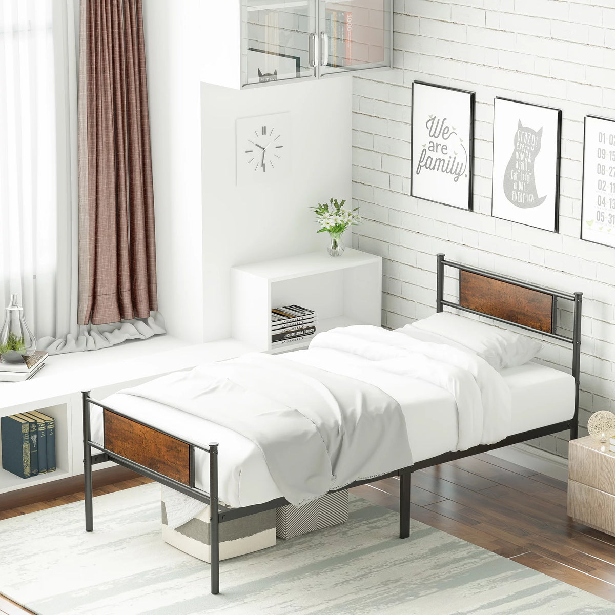 Metal Twin Bed Frame with Wood Headboard E303