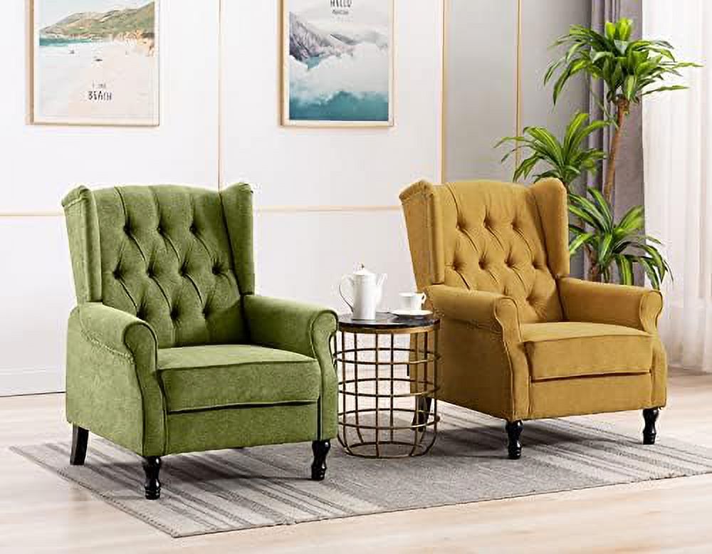 Yellow Linen Accent Chair with Wooden Legs E877