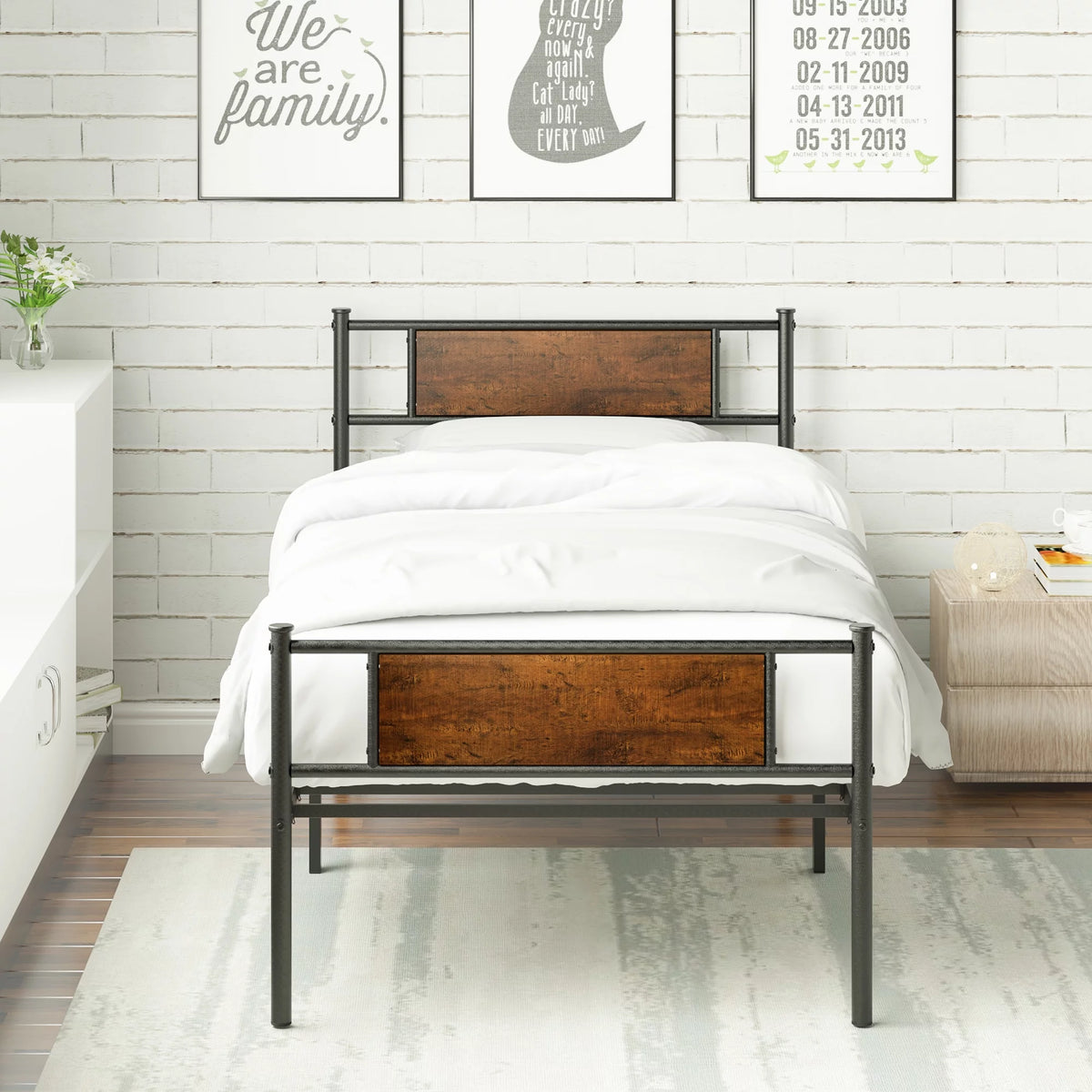 Metal Twin Bed Frame with Wood Headboard E303