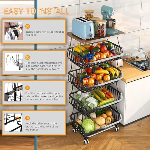5 Tier Stackable Metal Wire Basket with Wheels Q199