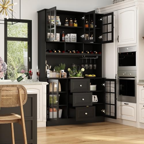 White Freestanding Wood Kitchen Pantry with Glass Doors, Drawers and Adjustable Shelves M769236