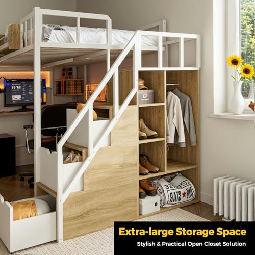 Full Size Metal Loft Bed with Desk and Stairs L1263
