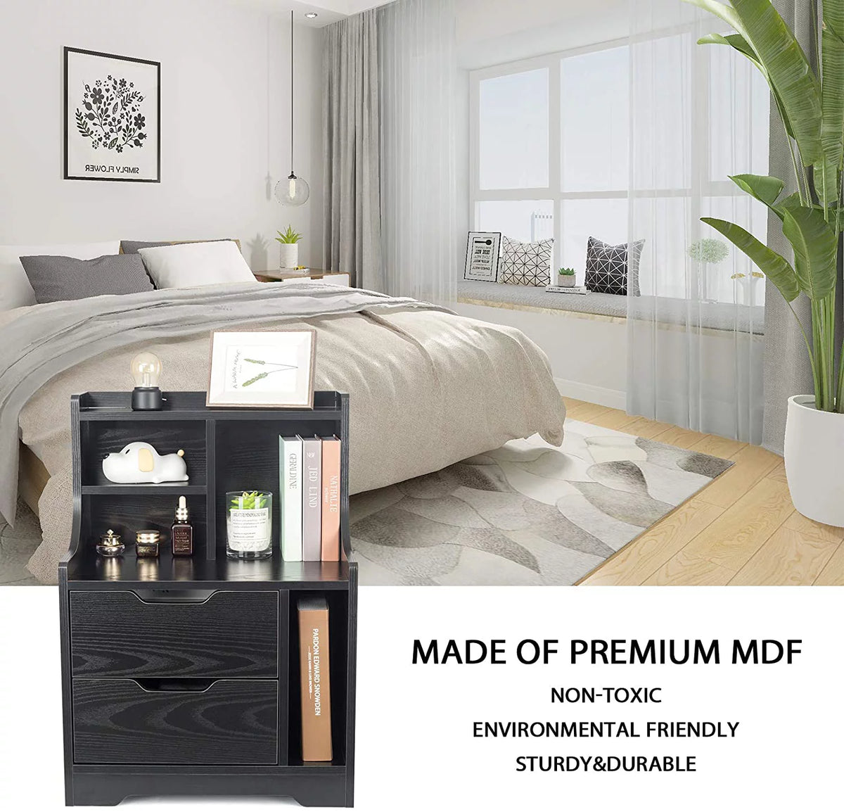 Black Wooden Bedside Table with 2 Drawers X1031
