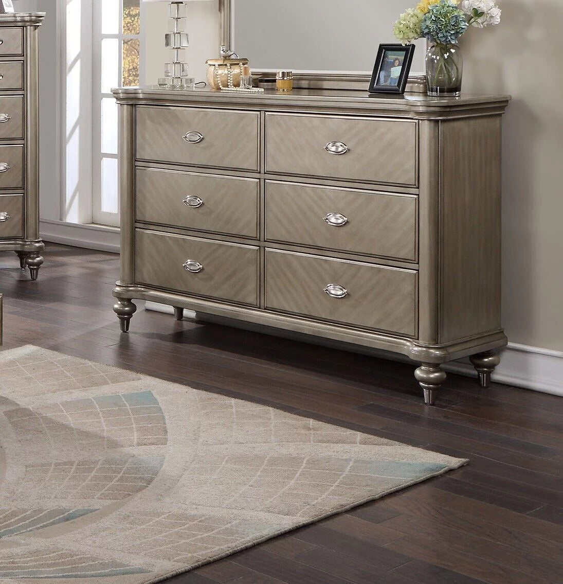 King Size Bed with Storage Drawers Dresser Mirror Nightstands Chest Grey Wooden V8873
