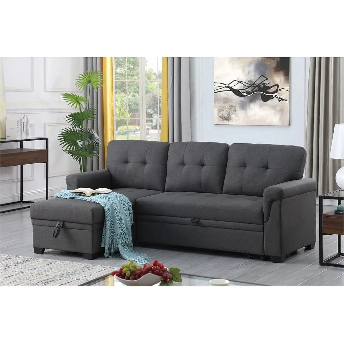 Gray Linen Fabric Reversible Sleeper Sofa with Chaise S249