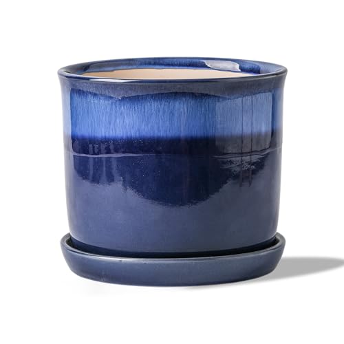 8 Inch Ceramic Planter Pot with Drainage Hole & Saucer Blue Reactive Glaze X933640