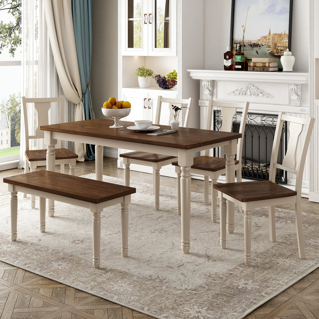 6pc Wooden Dining Set with Table Chairs and Bench T7538