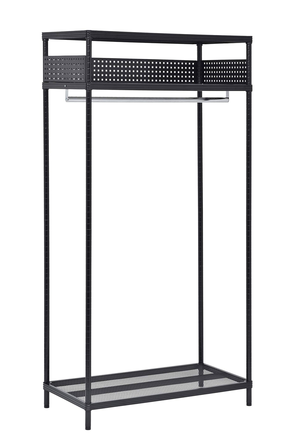 Black Wire Mesh Garment Rack with Ledge D542
