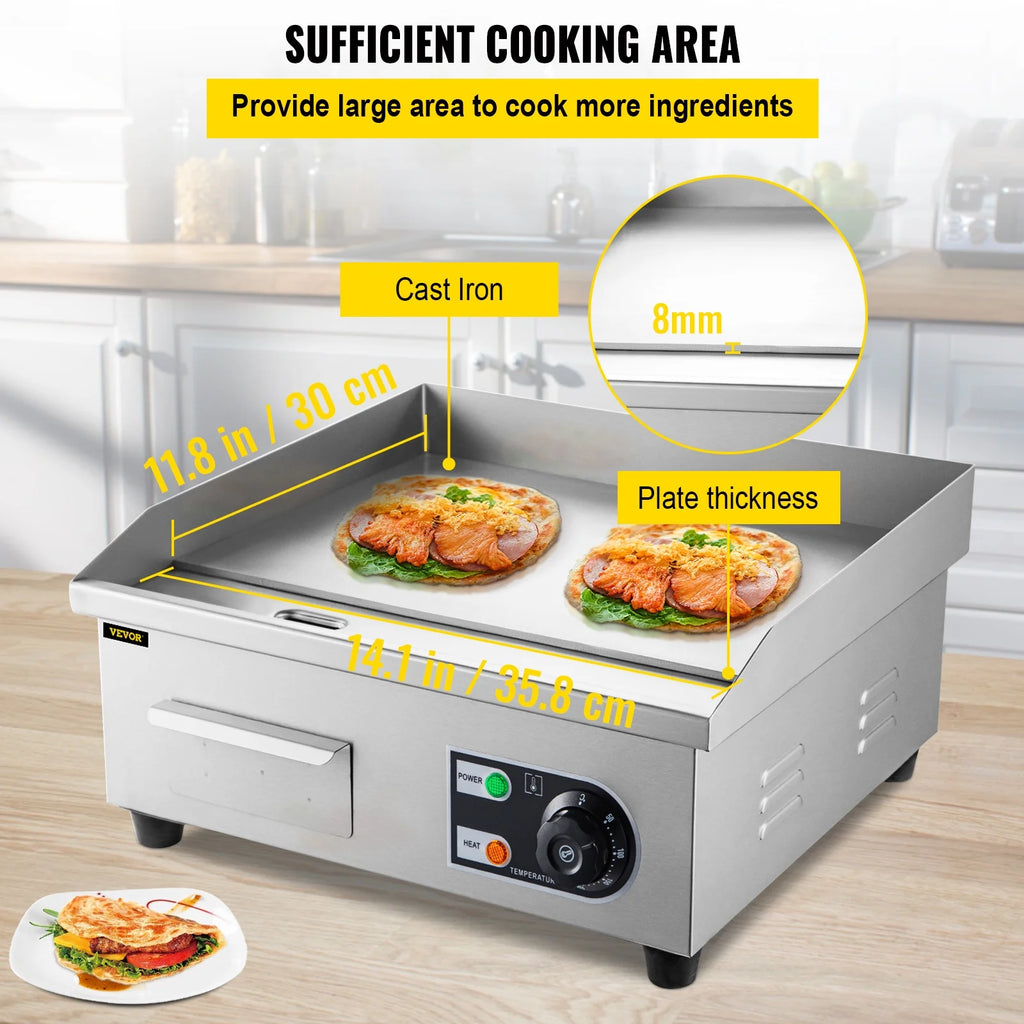 14" Electric Countertop Flat Top Griddle 1500W Non-Stick Stainless Steel S6387