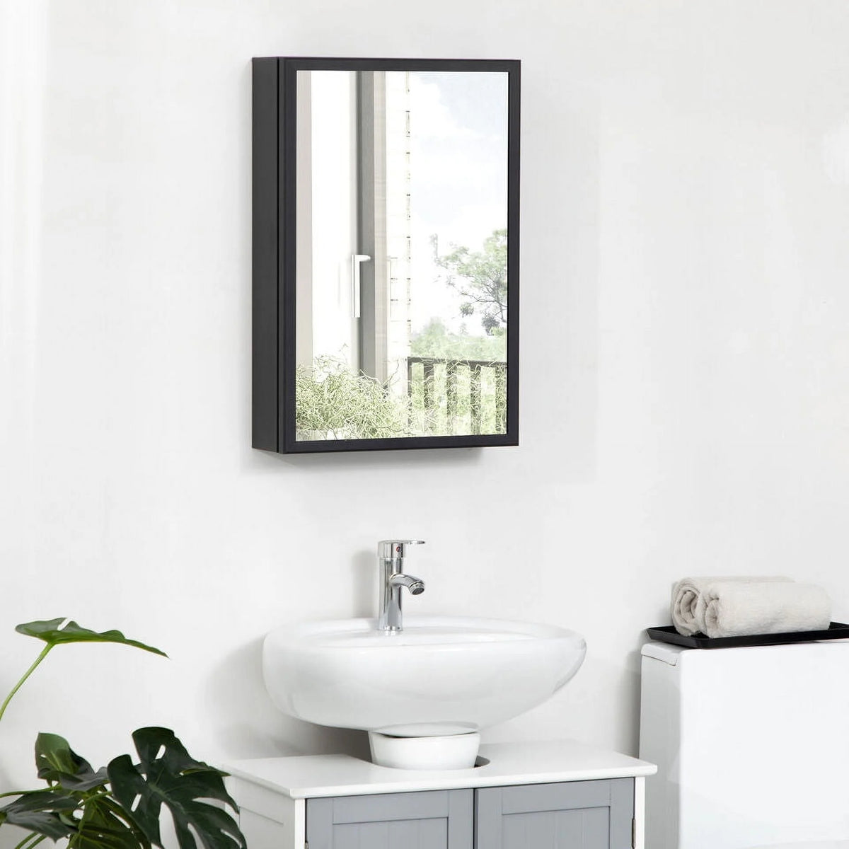 Black Bathroom Mirror with Storage Shelves U8075