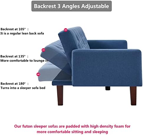 Blue Tufted Linen Convertible Futon Sofa Bed Twin Size with Solid Wood Legs O182290
