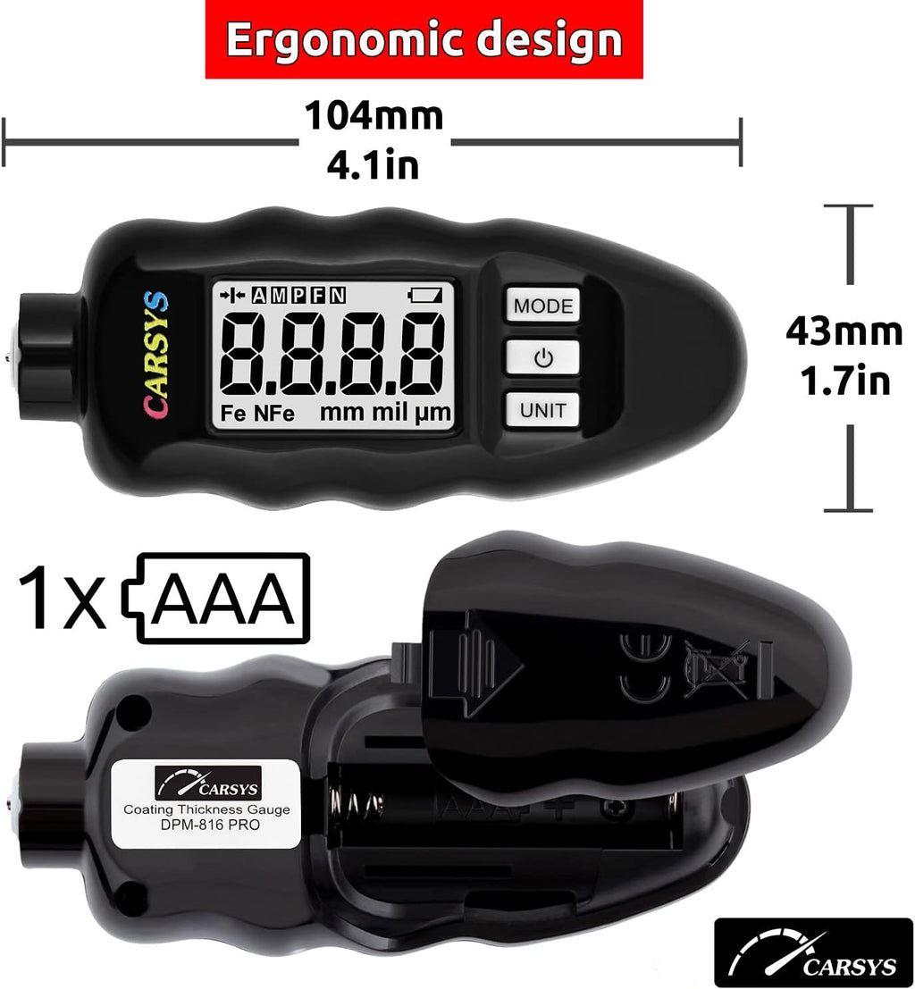Coating Thickness Gauge Paint Meter, Range 0-137 mils, Ferrous, Non-Ferrous, LCD with Backlight, Precision Probe Y621934