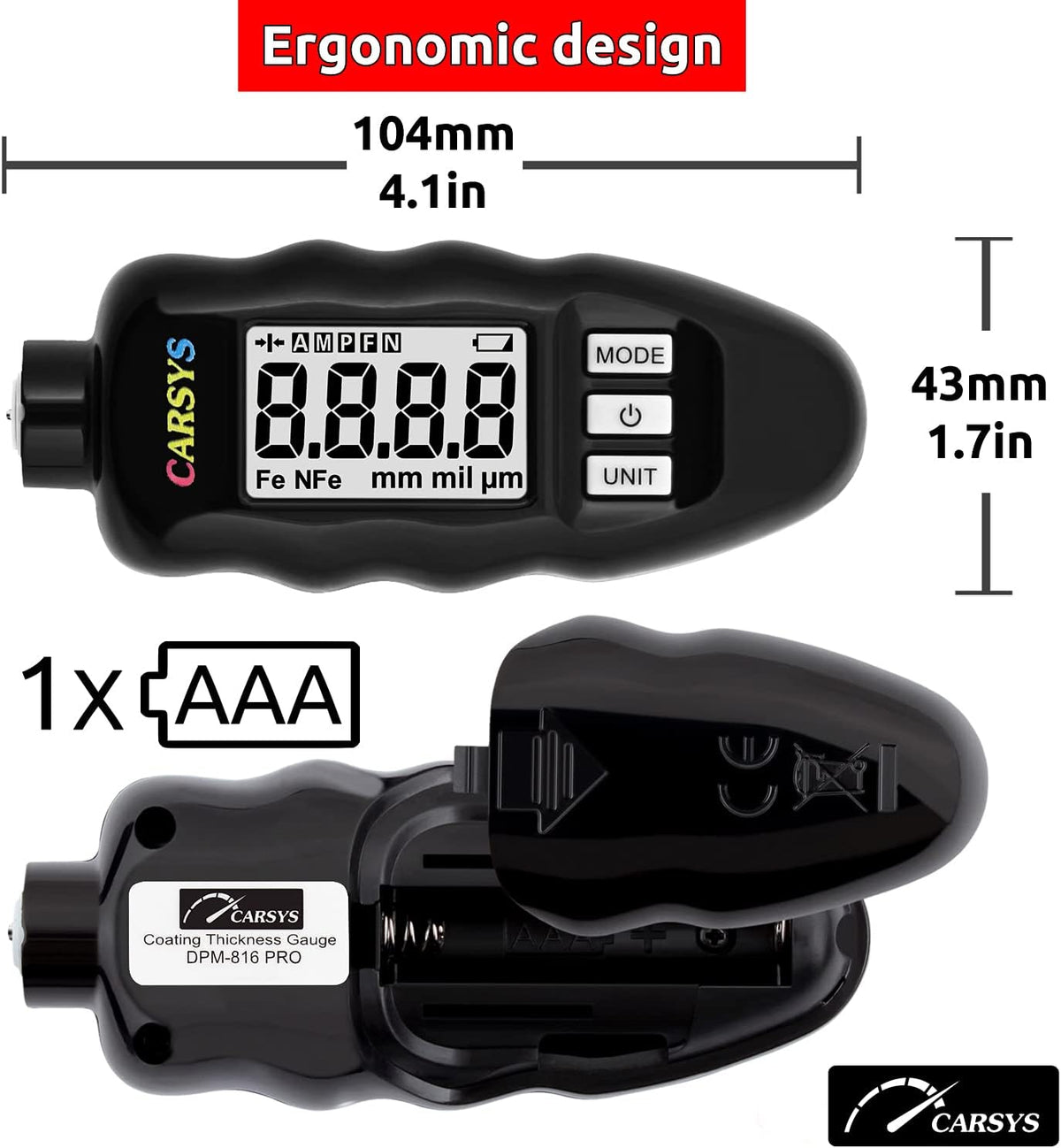 Coating Thickness Gauge Paint Meter, Range 0-137 mils, Ferrous, Non-Ferrous, LCD with Backlight, Precision Probe Y621934