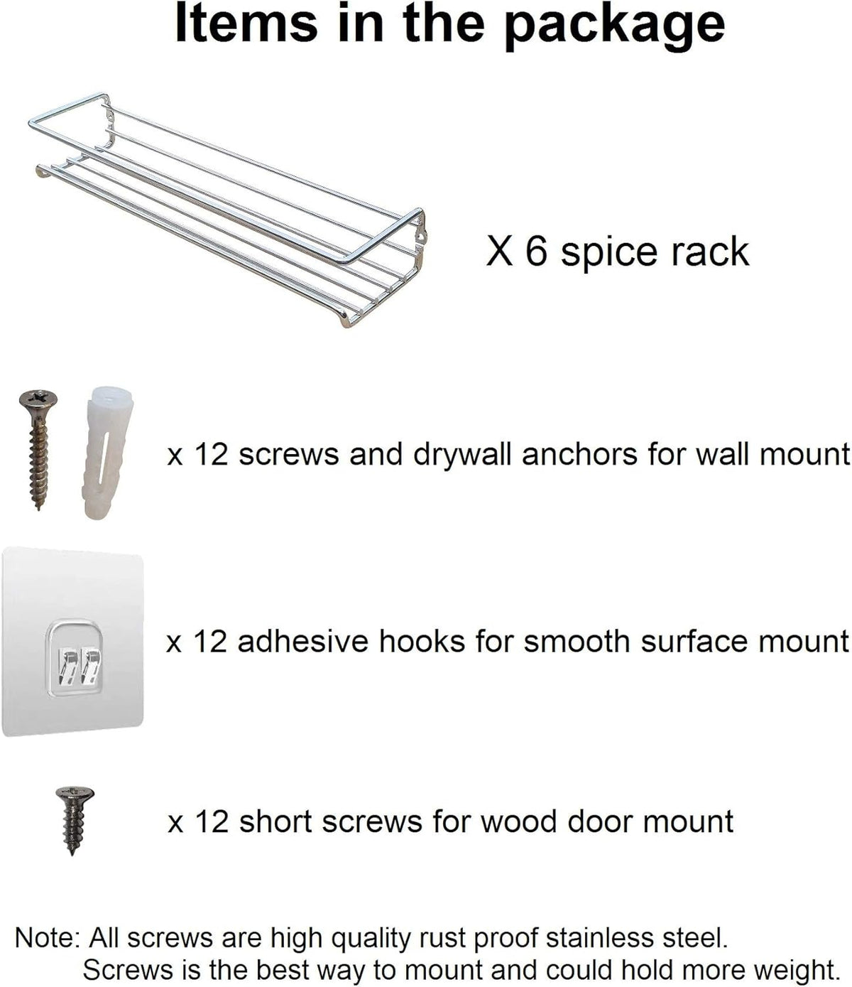 6 Pack Wall Mount Spice Rack Organizer for Cabinet, 12 x 3 x 3 inches R75661