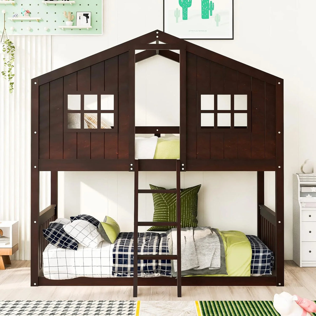 Espresso Wood House Bed with Ladder and Guard Rail D6880