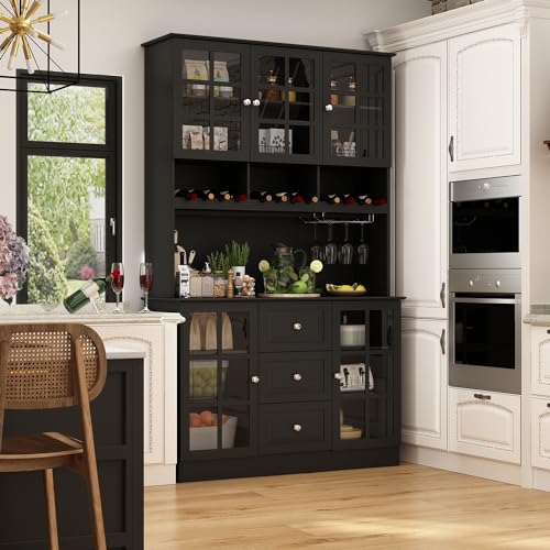 White Freestanding Wood Kitchen Pantry with Glass Doors, Drawers and Adjustable Shelves M769236