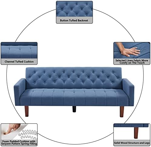 Blue Tufted Linen Convertible Futon Sofa Bed Twin Size with Solid Wood Legs O182290