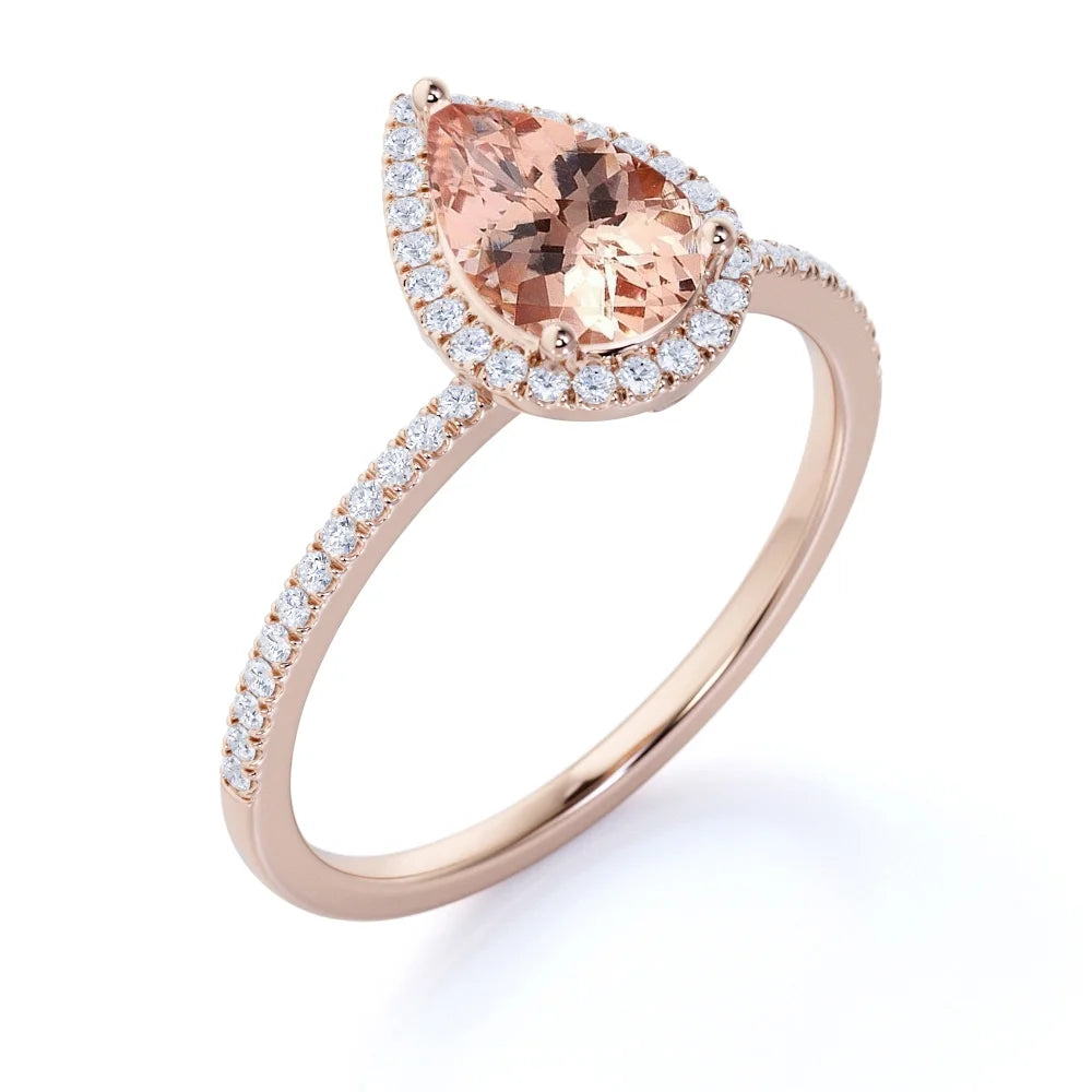 Pear Cut Peach Pink Morganite Halo Engagement Ring in 18k Rose Gold over Silver O605
