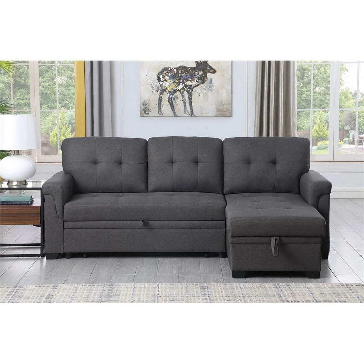 Gray Linen Fabric Reversible Sleeper Sofa with Chaise S249