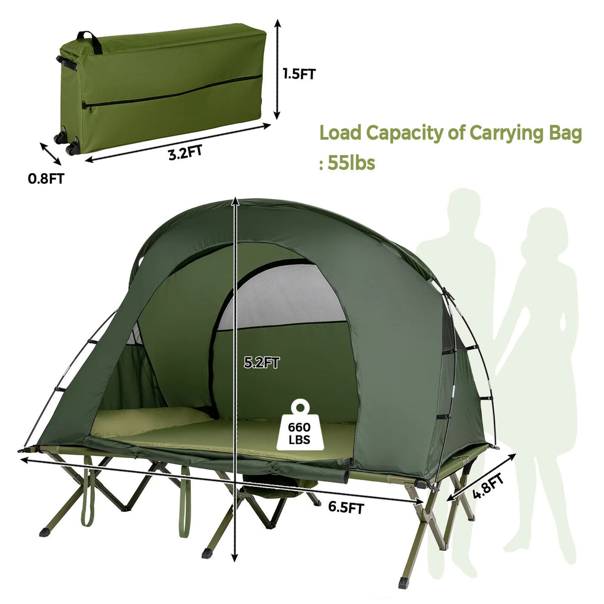 2-Person Elevated Camping Tent Cot with External Cover Green P4963