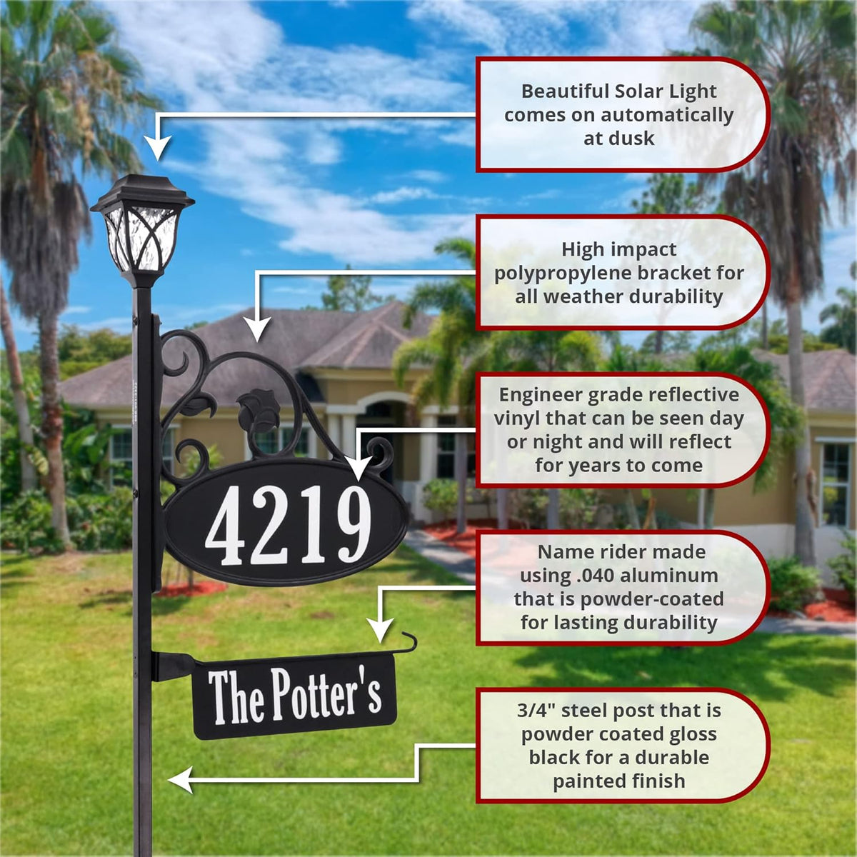 Handcrafted Oval Reflective Home Address Sign with Name Rider and Solar Light B487