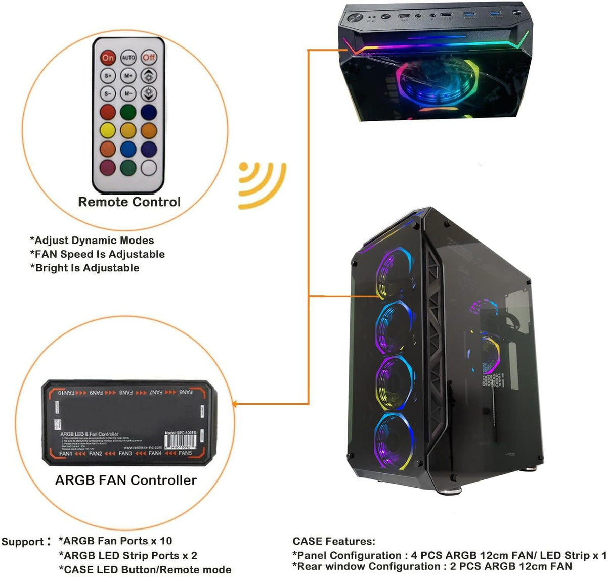 Full-Tower E-ATX Computer Gaming Case with 3-Sided Reinforced Glass, USB 3.0, 6 12cm Fans Q74954