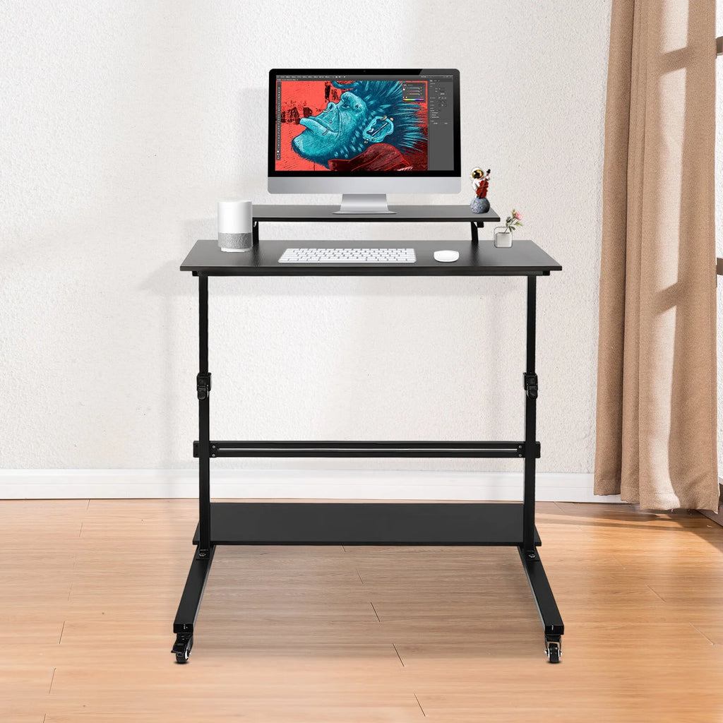 Rolling Laptop Desk Stand Up Workstation with 2 Shelves Adjustable Height S2205