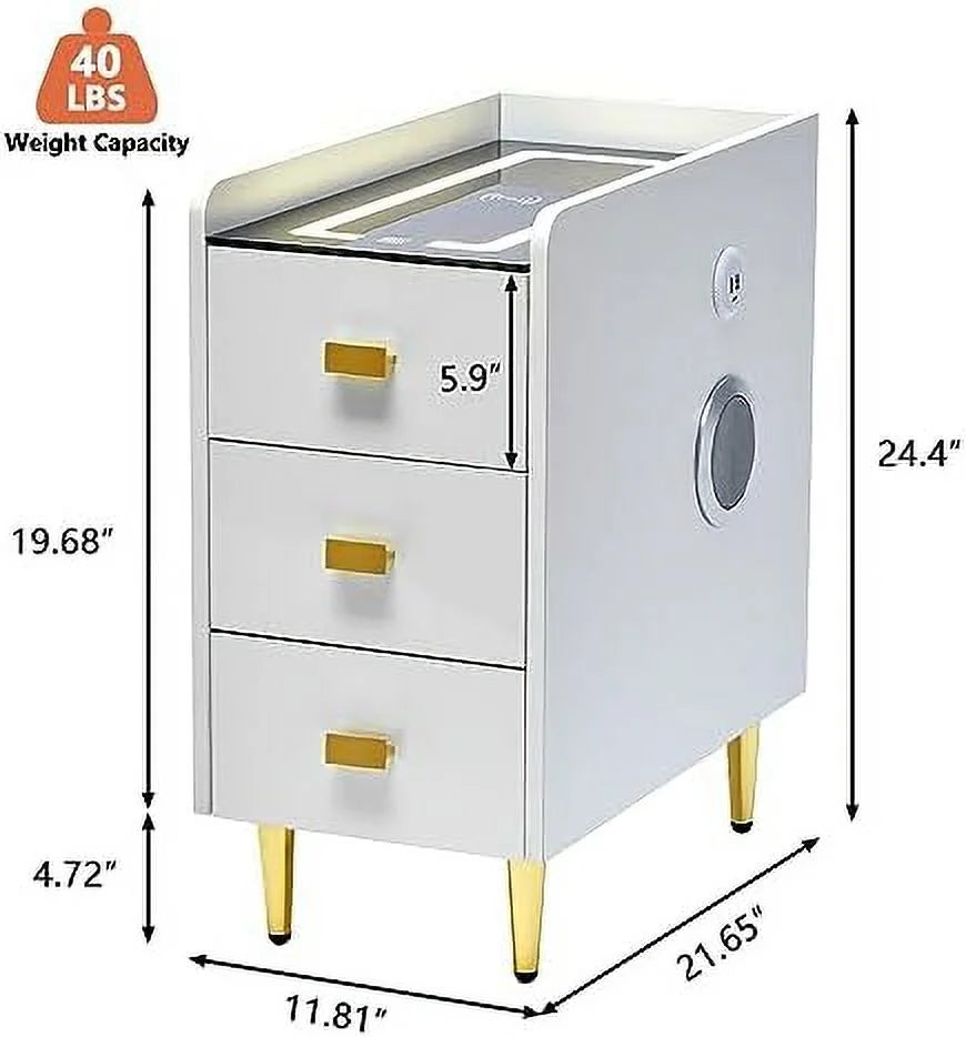LED Nightstand with Wireless Charging Station White 3 Drawers V46853