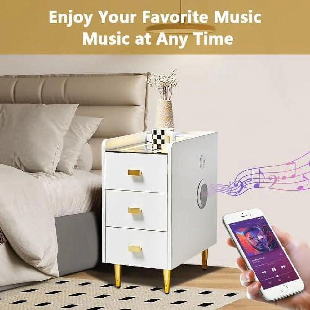 LED Nightstand with Wireless Charging Station White 3 Drawers V46853