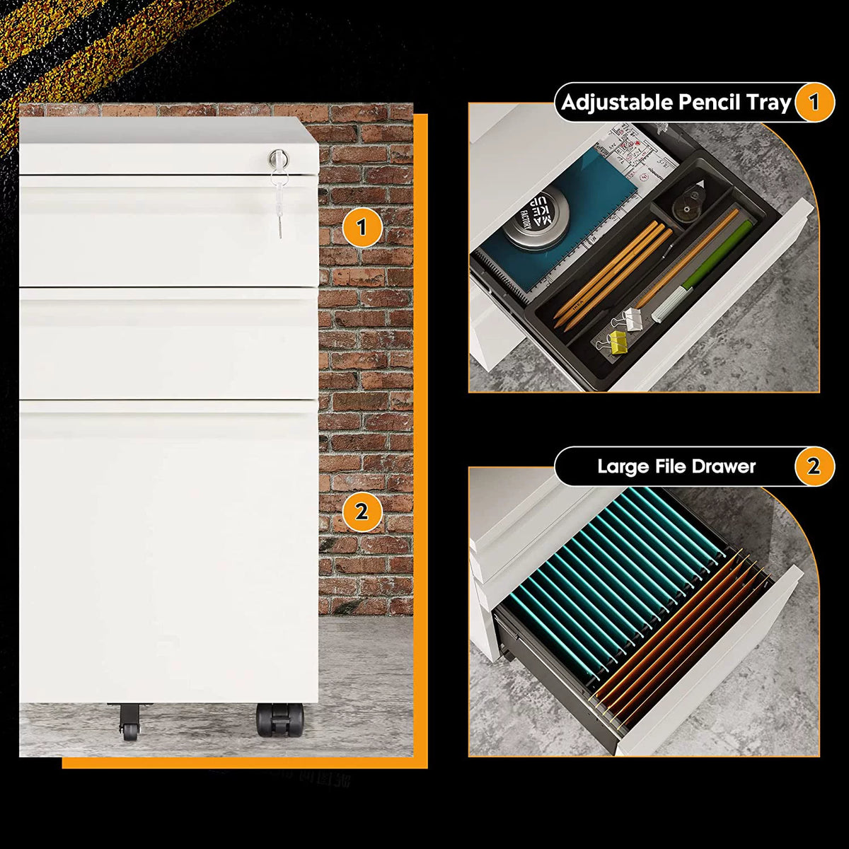 White 3-Drawer Mobile File Cabinet P478376