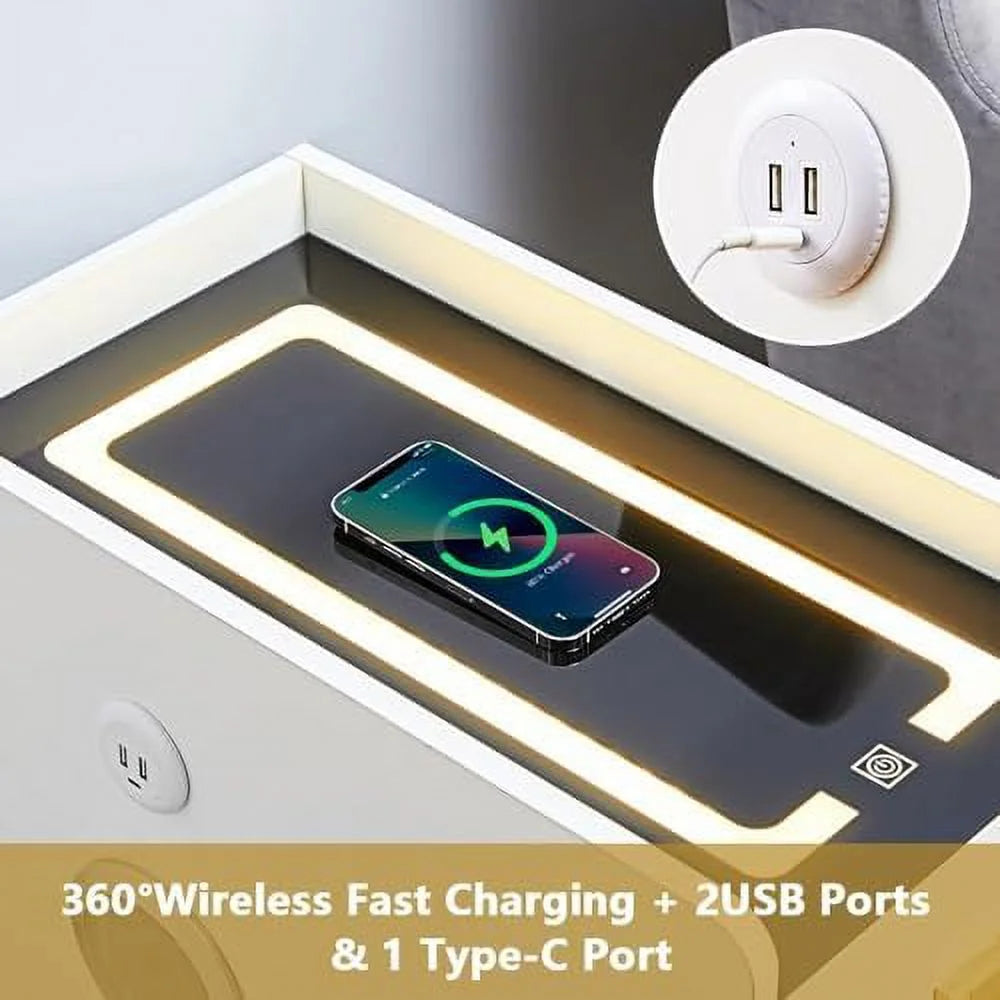 LED Nightstand with Wireless Charging Station White 3 Drawers V46853