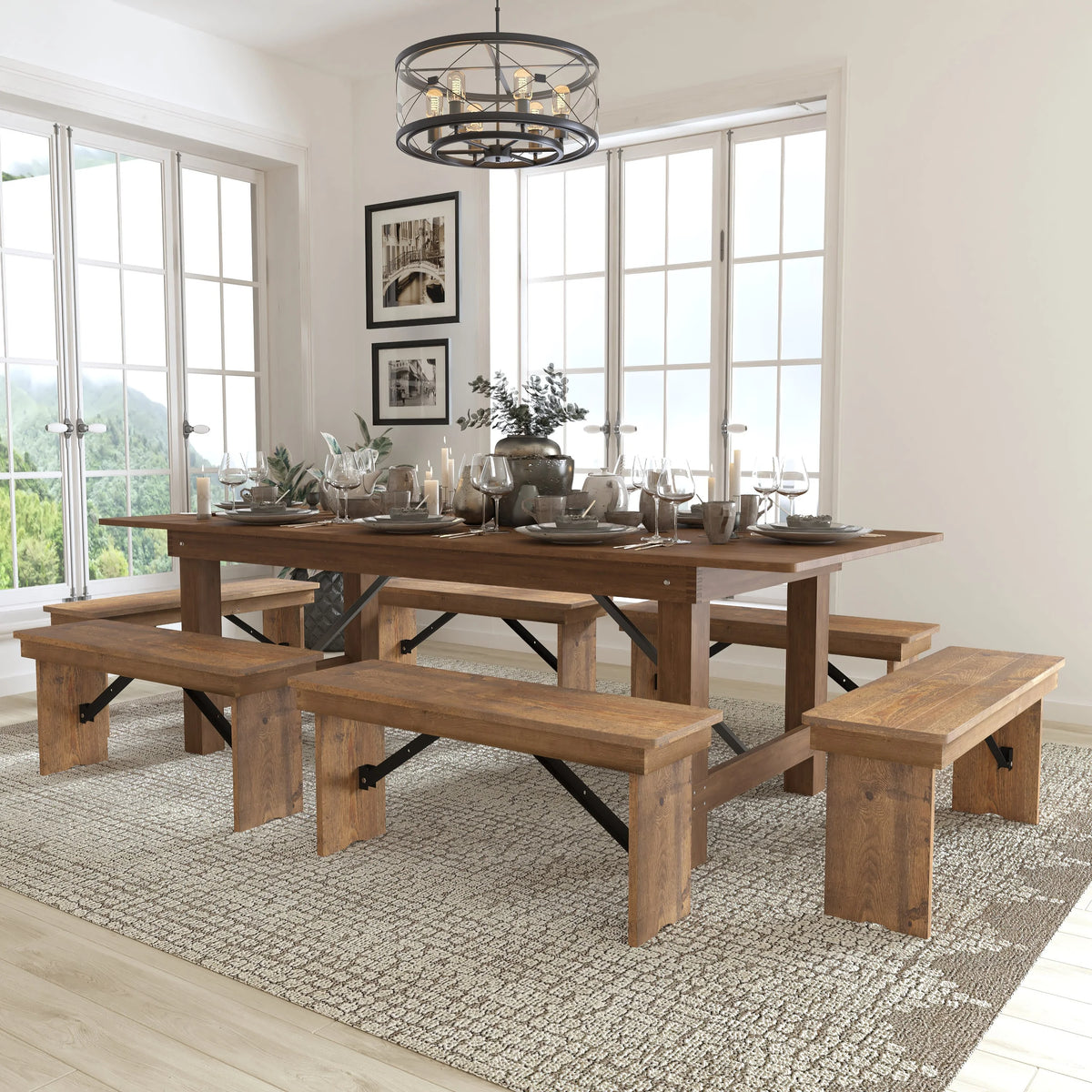 Antique Rustic Folding Farm Table and Six Bench Set H684084