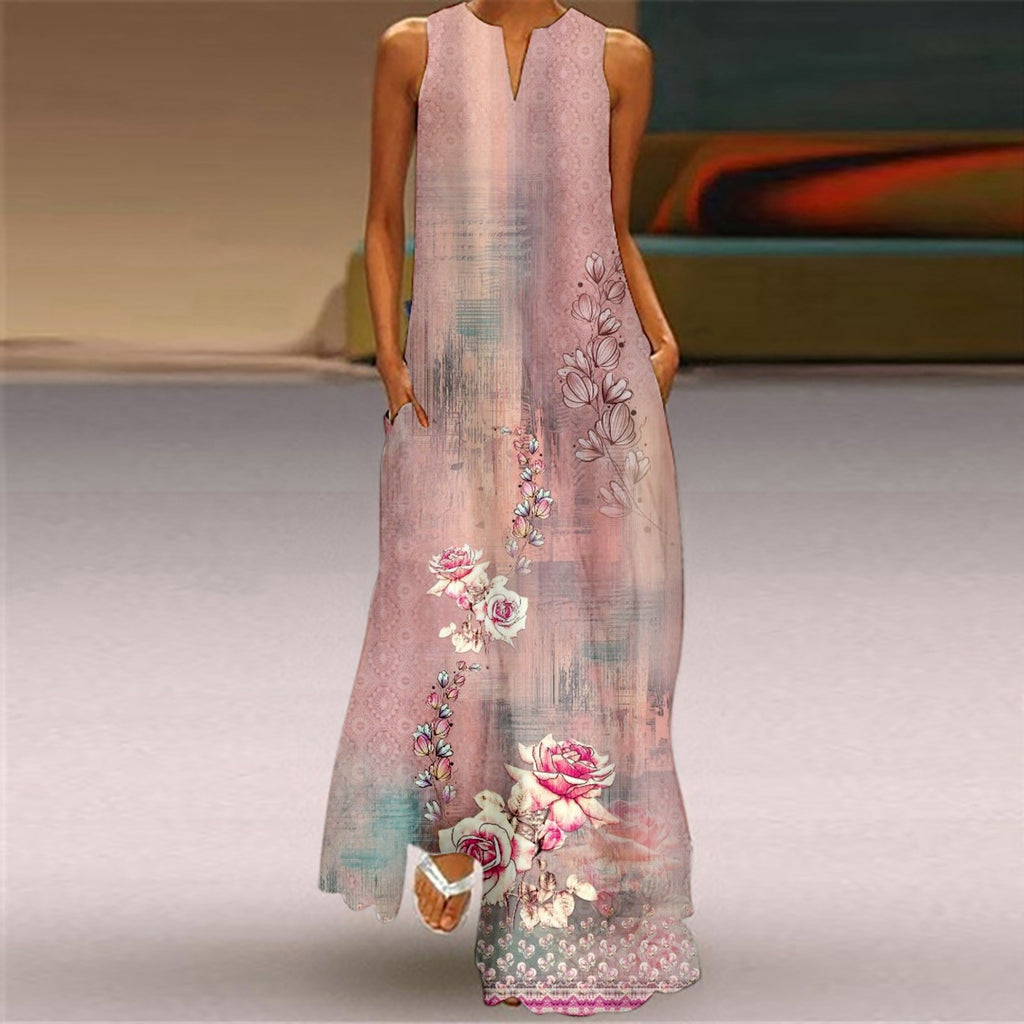 Plus Size Sleeveless Print V Neck Loose Long Sundress with Pockets F207