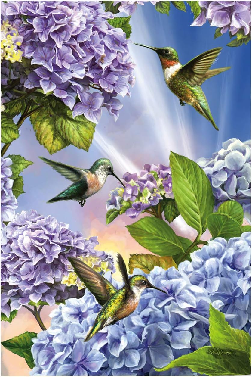 Hummingbirds and Hydrangeas Garden Suede Flag 12.5 x 18 Inch Double Sided Outdoor Flag R804