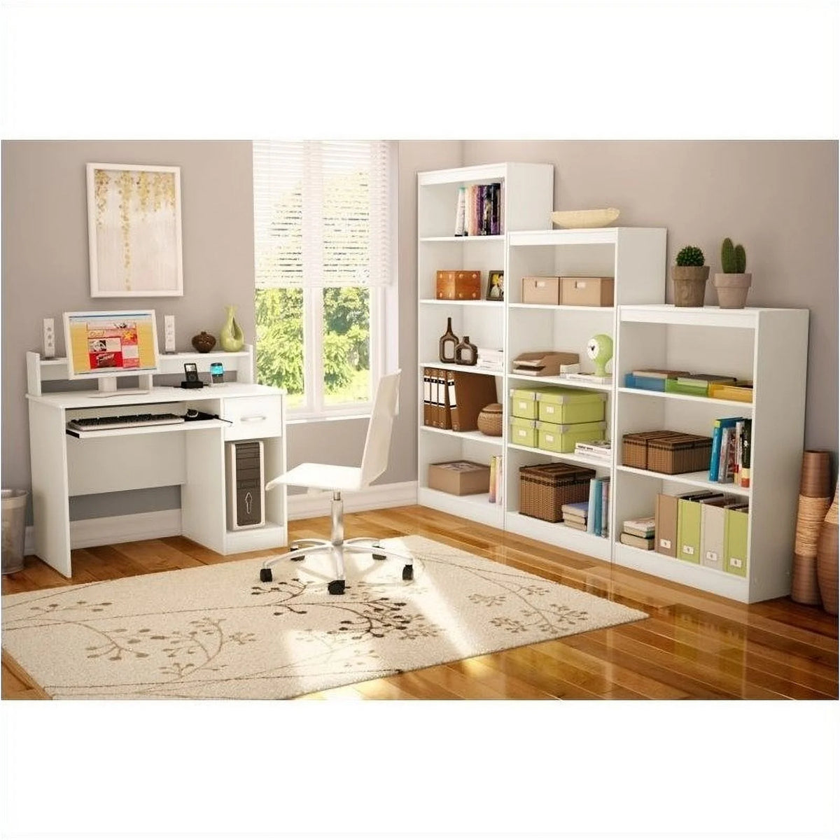 Transitional Wood Desk with Low Hutch in Pure White V7990