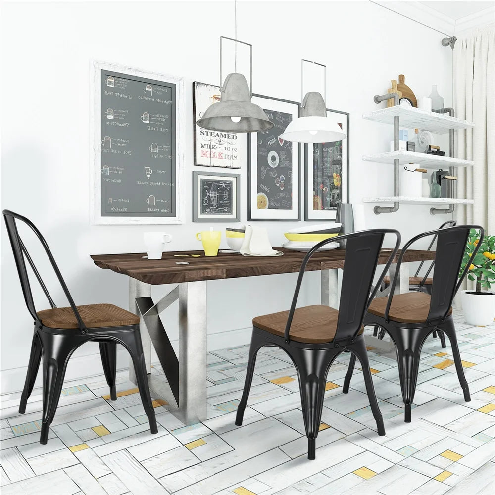 Black Metal Dining Chair with Wood Seat, Set of 4 Y7743