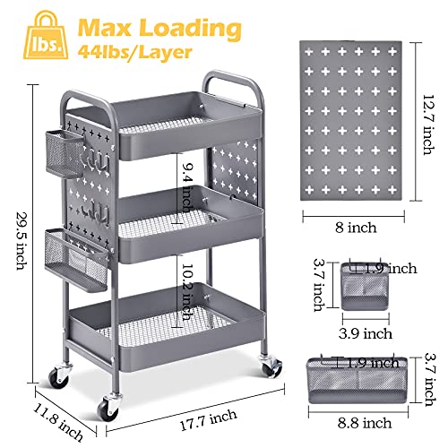 3-Tier Metal Rolling Utility Cart with Pegboards, Pink J129674