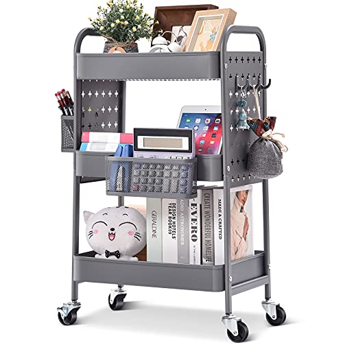 3-Tier Metal Rolling Utility Cart with Pegboards, Pink J129674