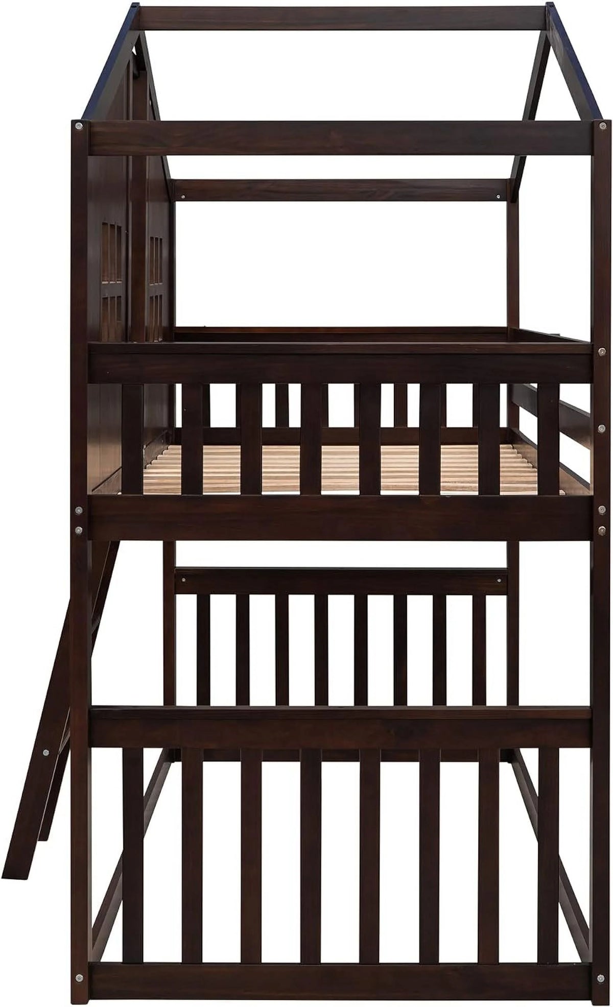Espresso Wood House Bed with Ladder and Guard Rail D6880