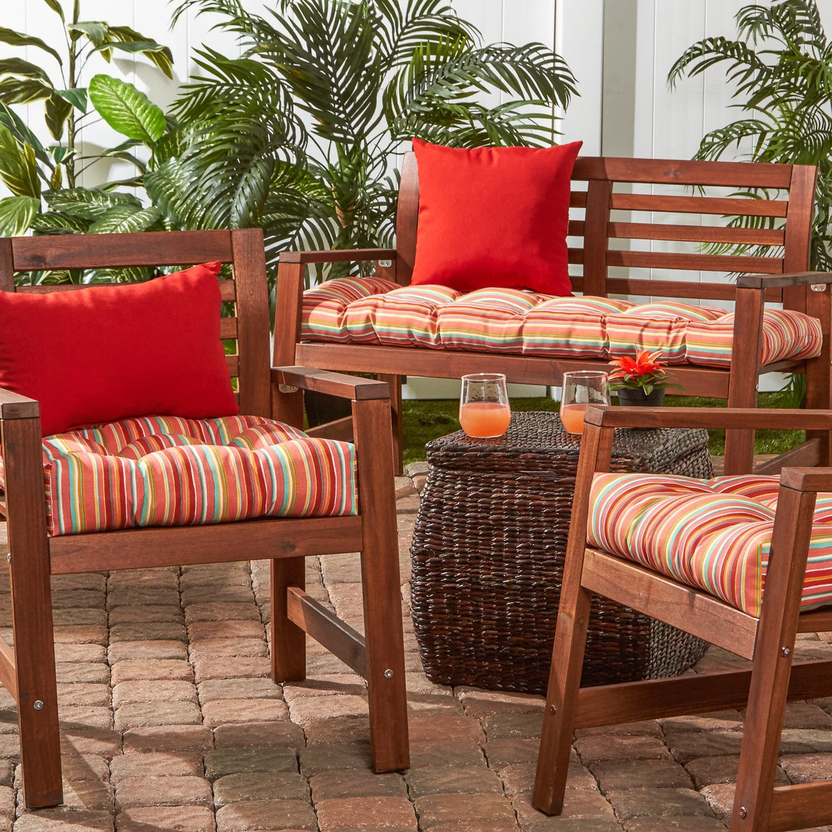 Watermelon Stripe 20 in. Square Outdoor Tufted Seat Cushion Set of 2 P89198