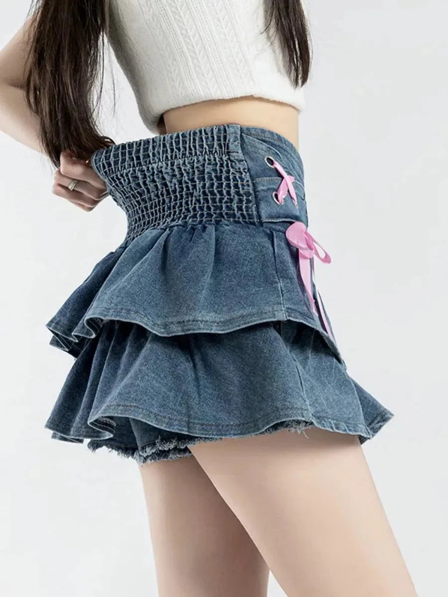 Ribbon Lace Up Ruffle Mini Skirt L535
