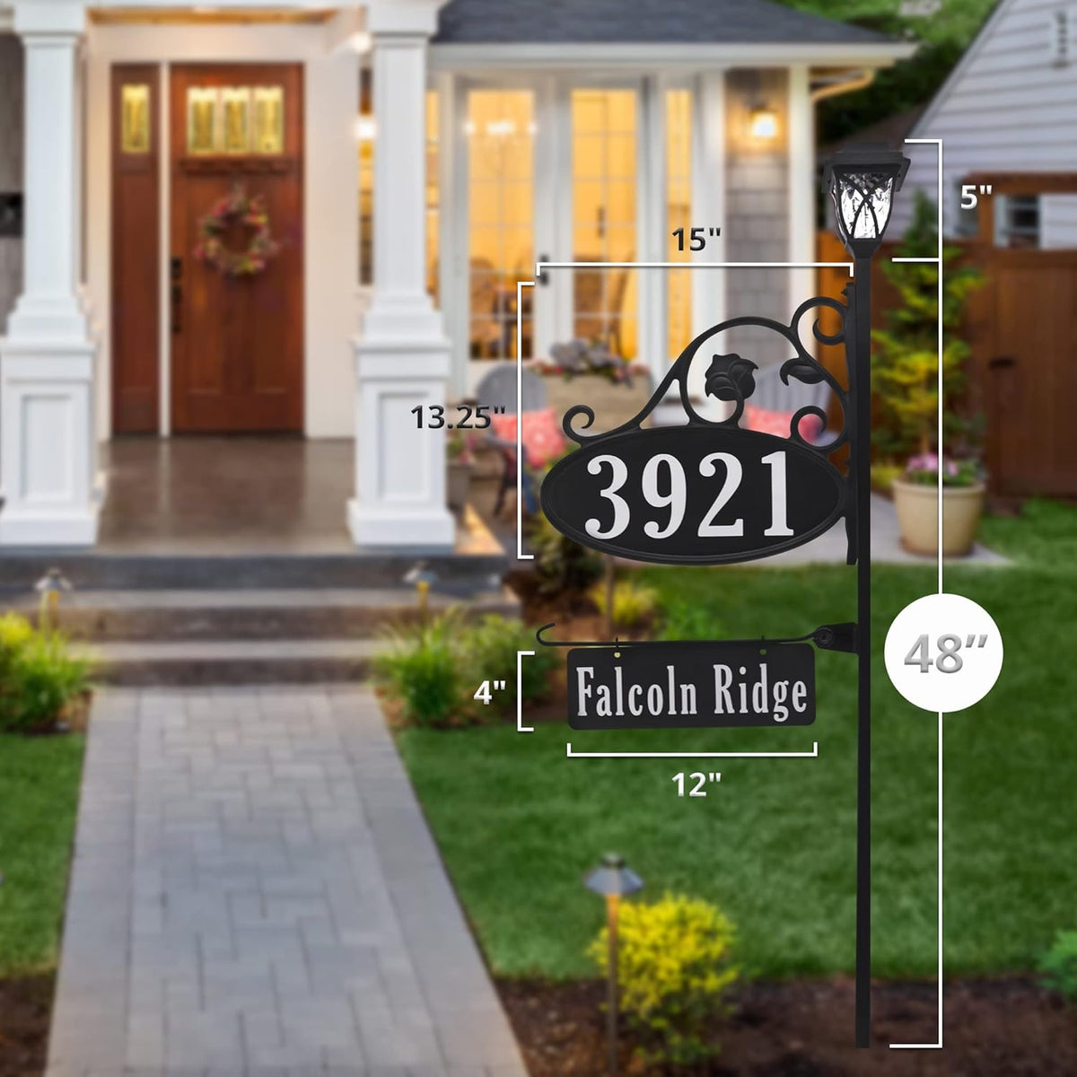 Handcrafted Oval Reflective Home Address Sign with Name Rider and Solar Light B487