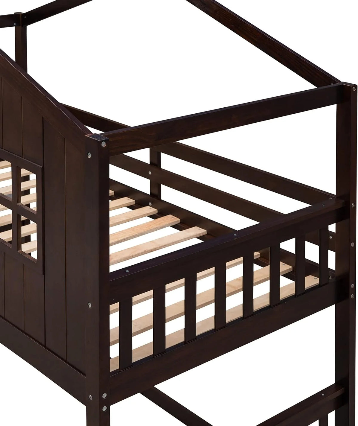 Espresso Wood House Bed with Ladder and Guard Rail D6880