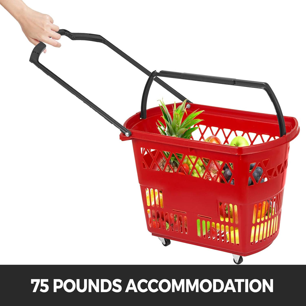 6PCS Red Plastic Rolling Shopping Basket Set with Handles D582249