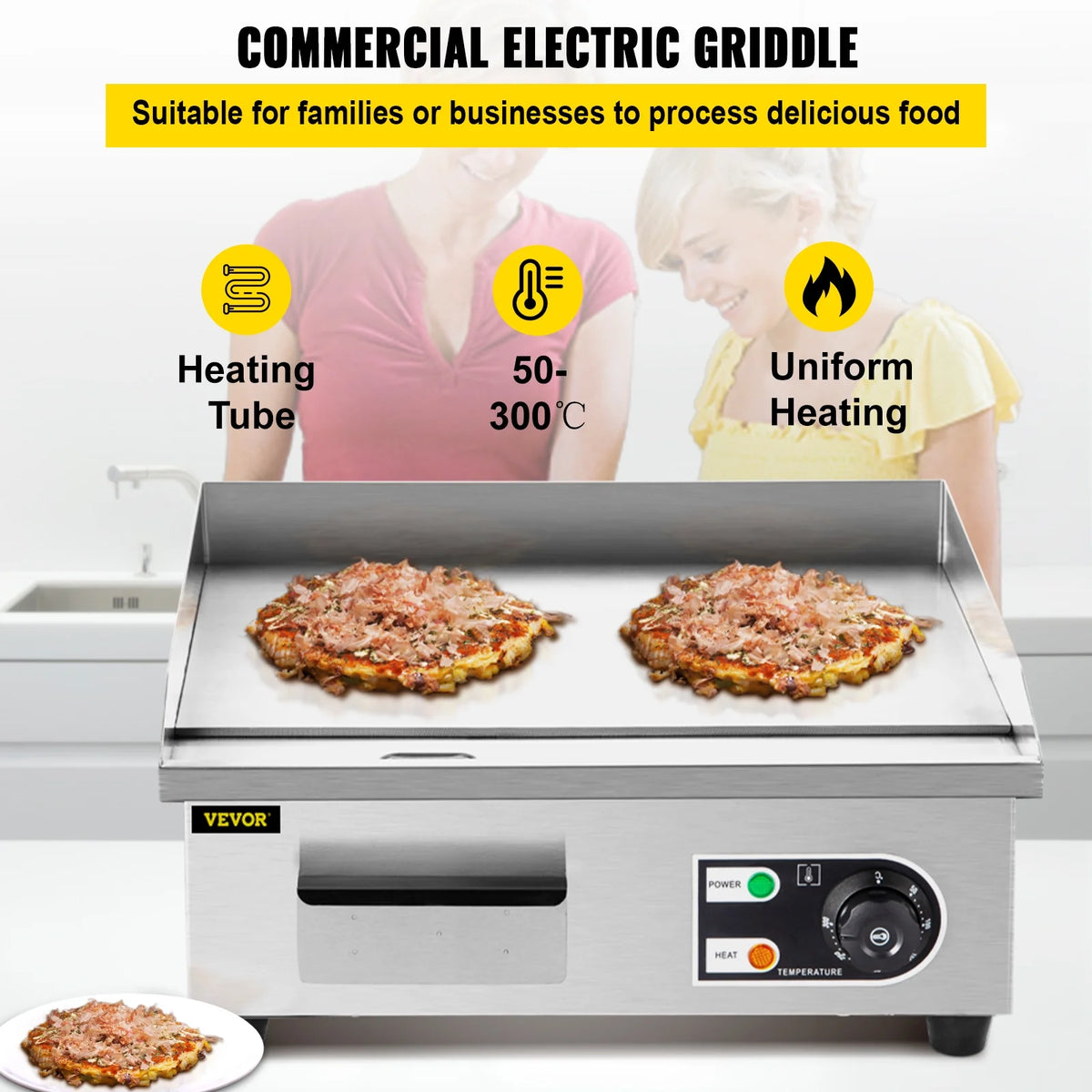 14" Electric Countertop Flat Top Griddle 1500W Non-Stick Stainless Steel S6387