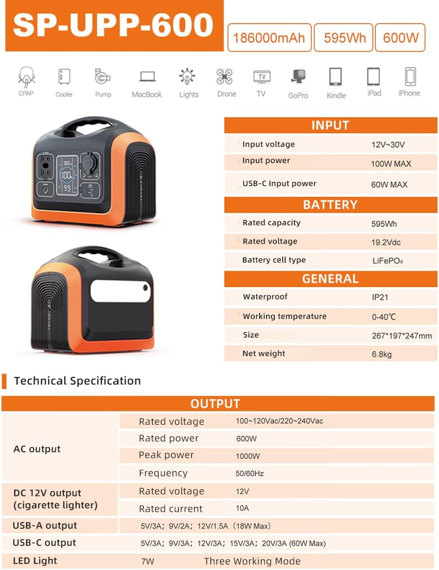 Portable Power Station 595Wh Lithium Battery 600W AC Outlet P90873