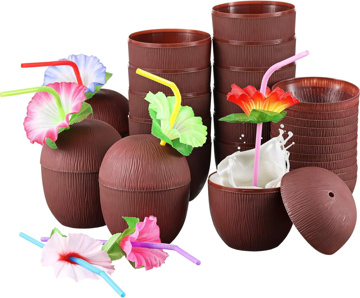 15 Pieces Coconut Cups with 15 Pieces Plastic Colorful Hibiscus Straws H3601
