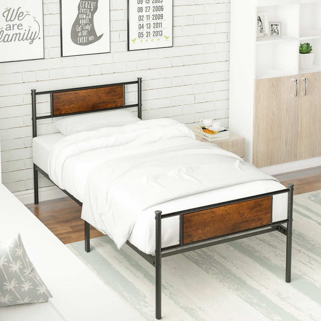 Metal Twin Bed Frame with Wood Headboard E303