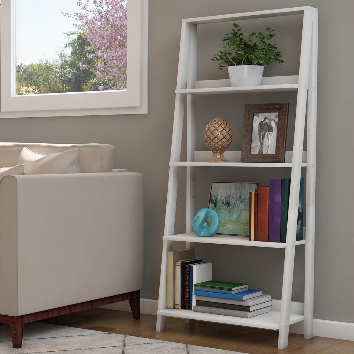 Gray Wooden Ladder Bookshelf R668697